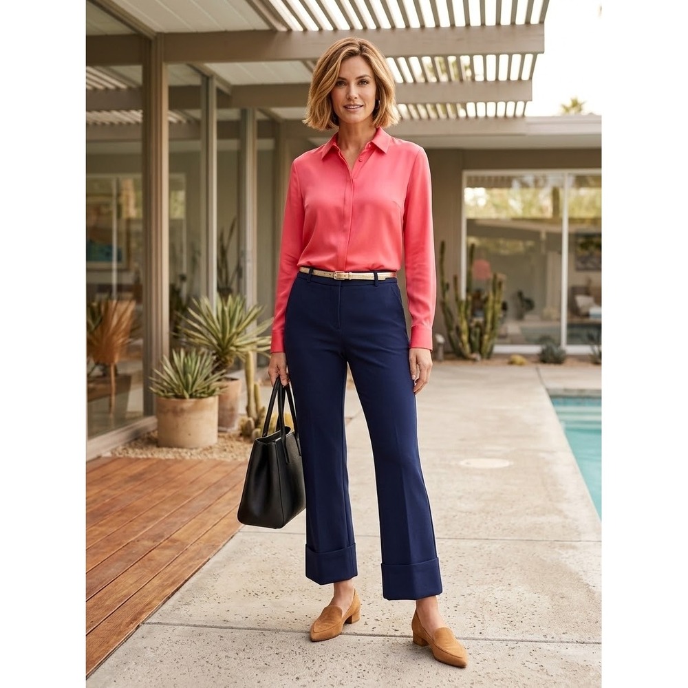 Trina Turk Navy Blue Cuffed Crop Trousers Stretch Dress Pants 4 197505